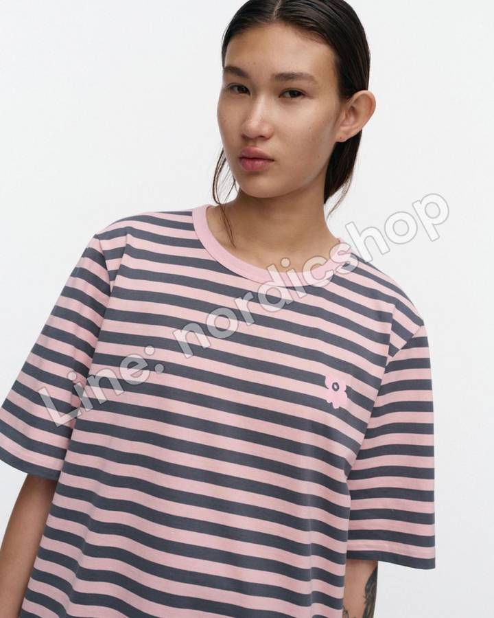 Marimekko Tasaraita Unisex Unikko Kioski T恤・粉紅、深灰（4）