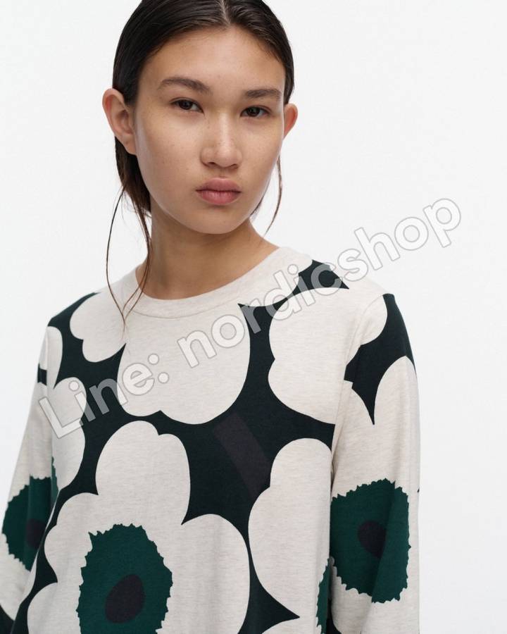 Marimekko Hujanhajan Unikko 針織棉洋裝・深綠、麻米色（2）