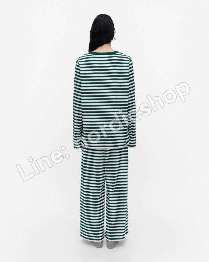 Marimekko Tasaraita Unisex 針織棉上衣・深綠、米白（3）