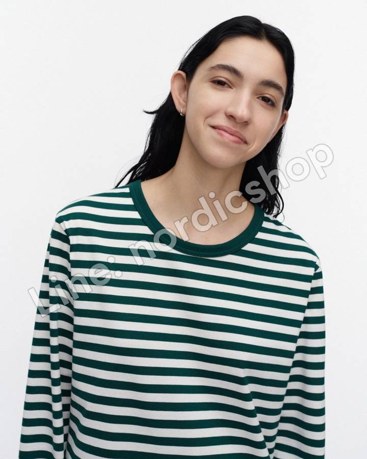 Marimekko Tasaraita Unisex 針織棉上衣・深綠、米白（4）