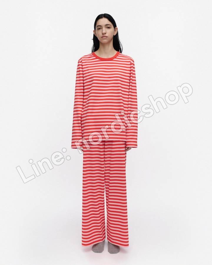 Marimekko Tasaraita Unisex 針織棉上衣・紅色、粉紅