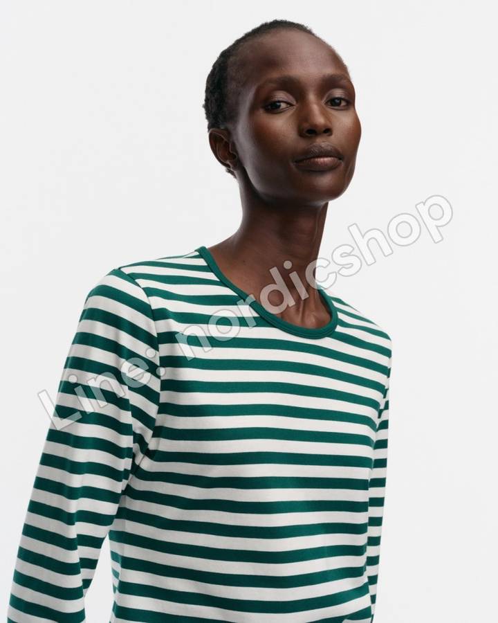 Marimekko Mari Tasaraita 針織棉上衣・深綠、米白（4）