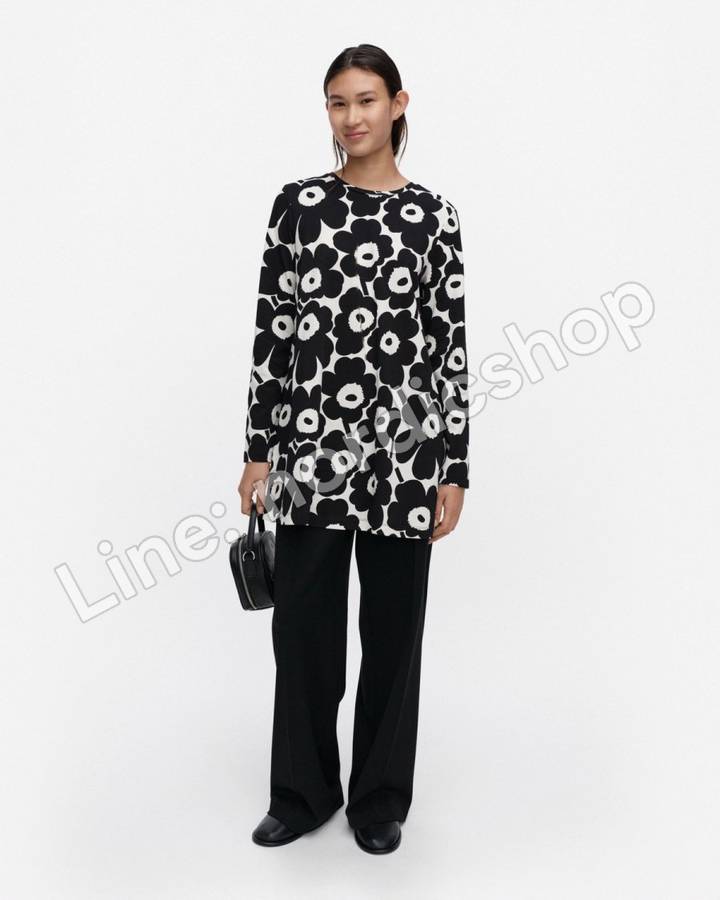 Marimekko Kevät Unikko 針織棉長版上衣・黑色、米白