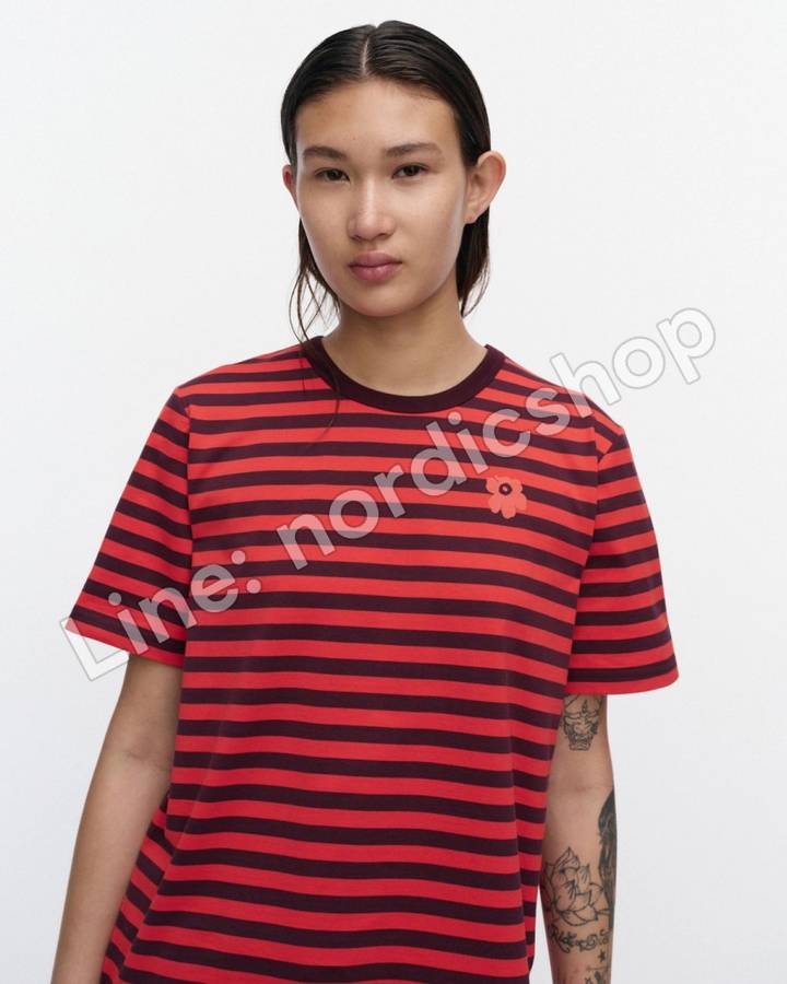 Marimekko Tasaraita Unikko Kioski T恤・酒紅、紅色（4）