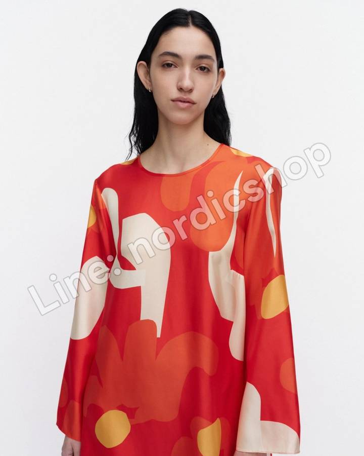 Marimekko Keskenään Kukkahattu 絲質洋裝・紅色、淺黃、米色（4）