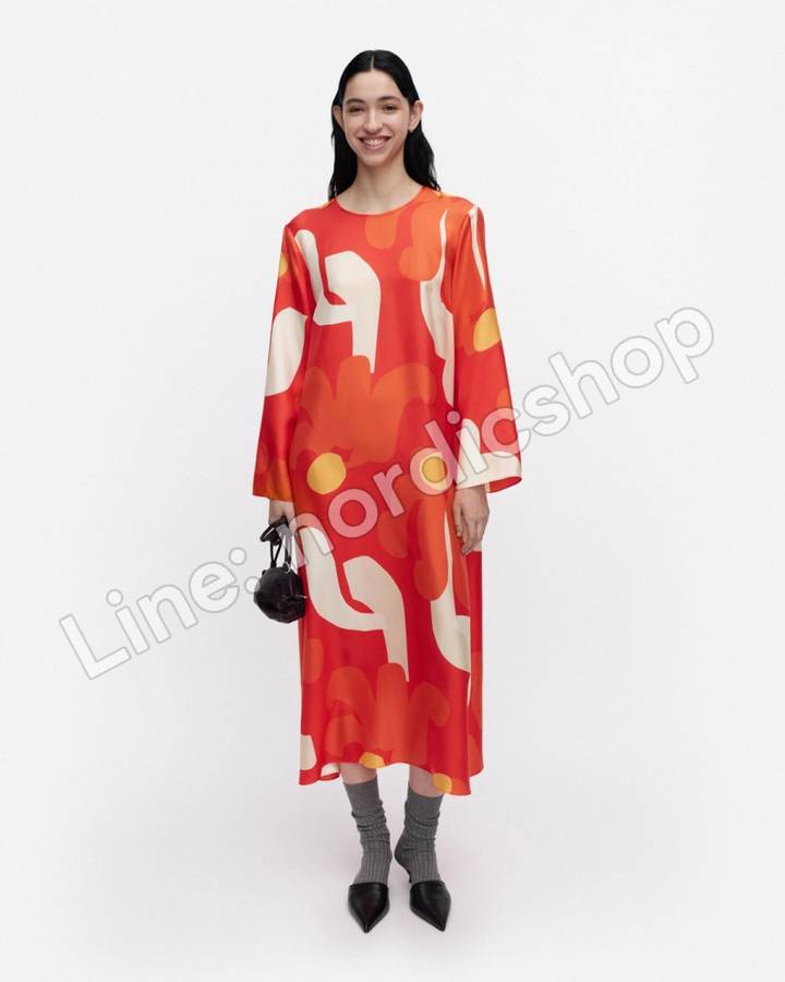 Marimekko Keskenään Kukkahattu 絲質洋裝・紅色、淺黃、米色