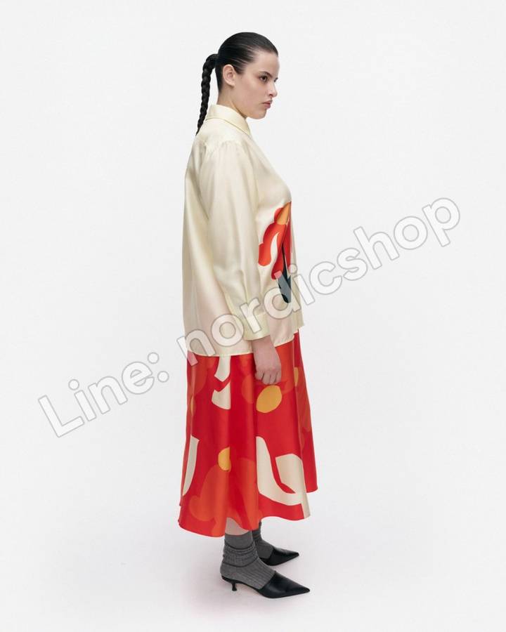 Marimekko Koostumus Kukkahattu 絲質裙・紅色、淺黃、米色（2）