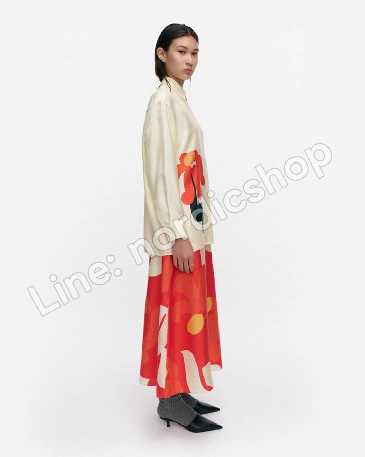 Marimekko Koostumus Kukkahattu 絲質裙・紅色、淺黃、米色（3）