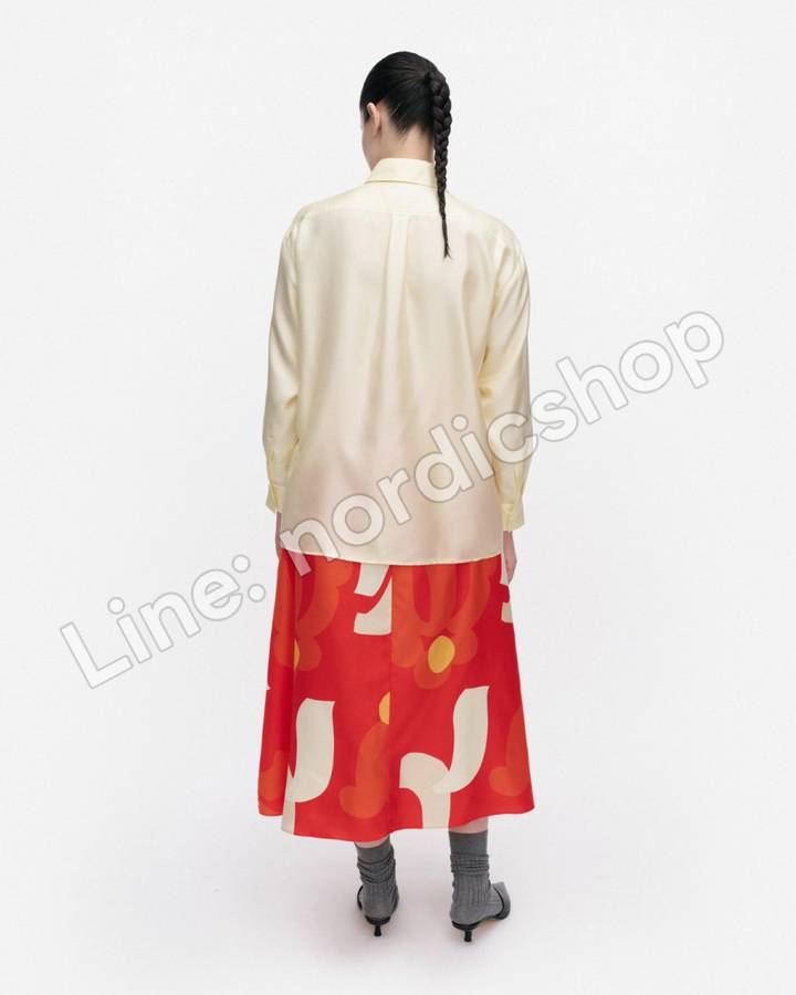 Marimekko Koostumus Kukkahattu 絲質裙・紅色、淺黃、米色（4）