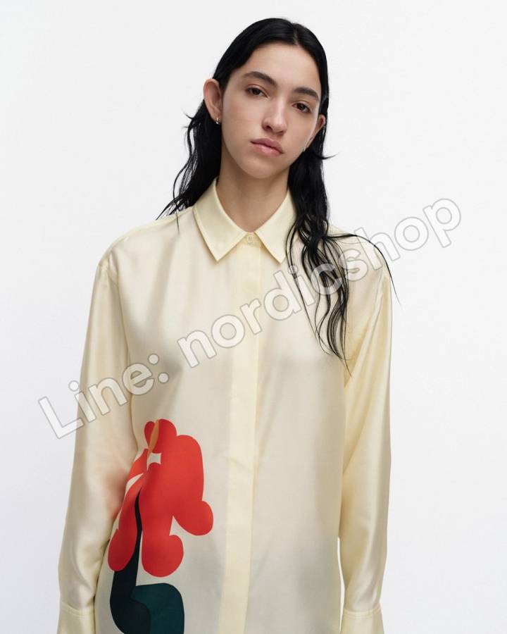 Marimekko Monesti Kukkahattu 絲質襯衫・淺黃、紅色、深綠（4）