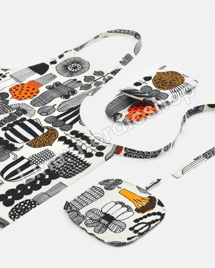 Marimekko Puutarhurin parhaat 圍裙・白色、黑色、橘色(2)