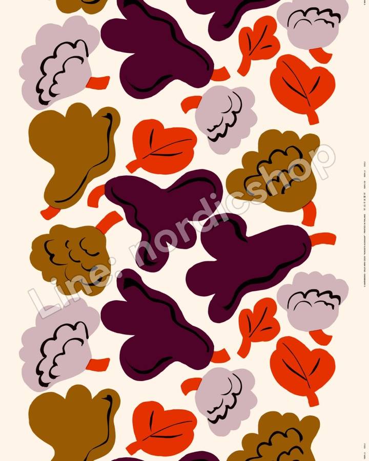 Marimekko Kukasta kukkaan 棉緞布・乾草綠、李子紫、古銅色、赤陶色