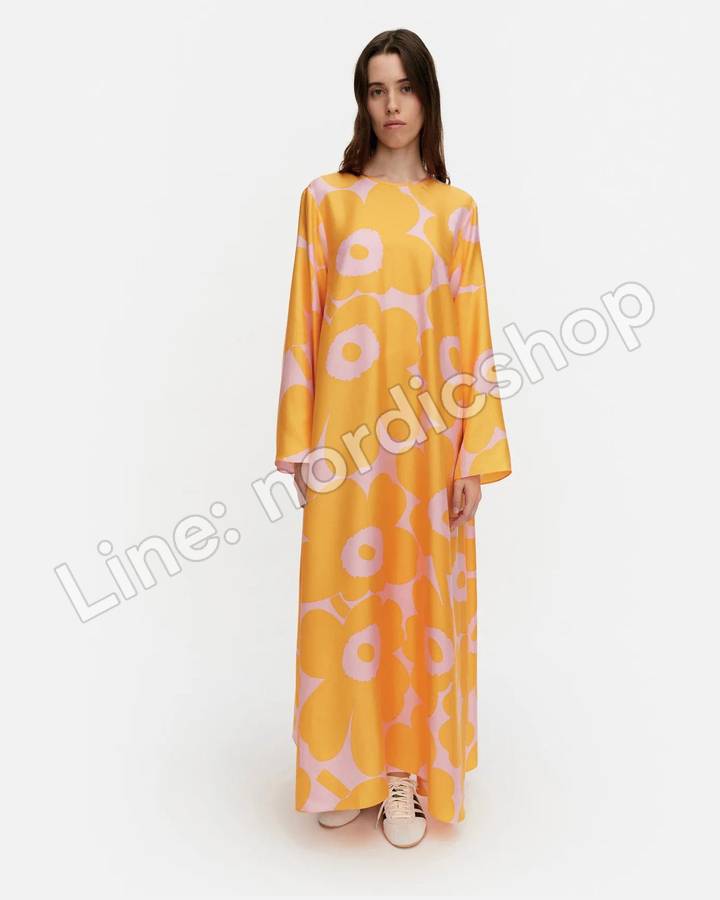 Marimekko Kaunista Unikko 絲質洋裝・黃色、粉紅